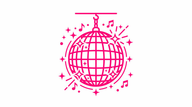 Disco ball with bright lights and music notes, party icon