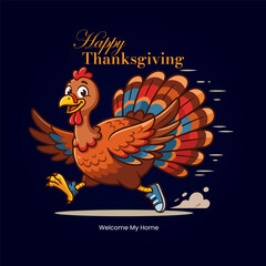 Happy thanksgiving day with turkey cartoon turkey running fast festive holiday greetings design © Rabeya
