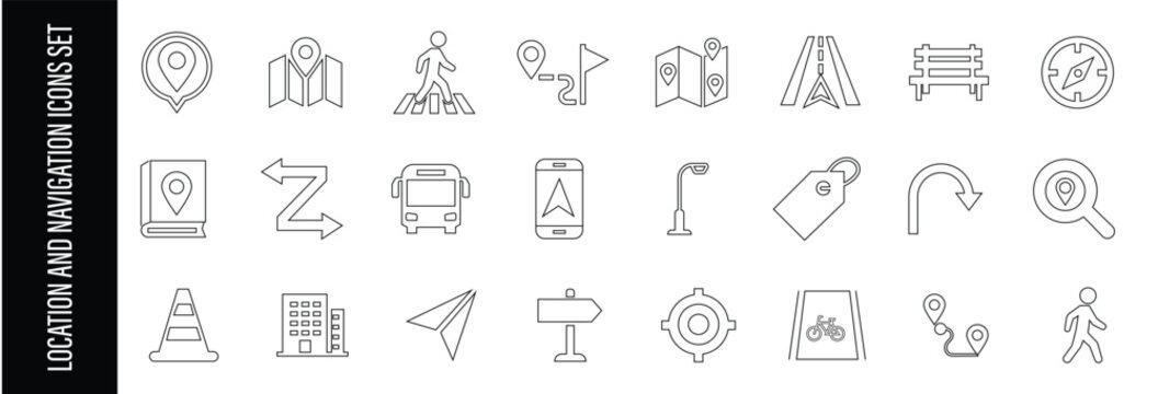 Navigation and location icons set. Navigation, location, route map, traffic, pin, collection. Editable stroke. Vector illustration. eps 10