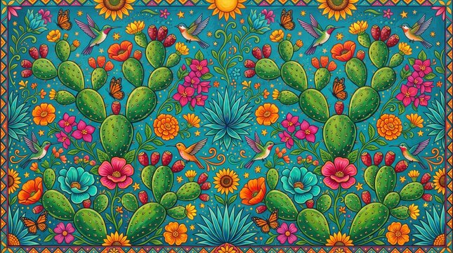 Colorful traditional mexico folk pattern with cactus and hummingbirds design talavera ornament decorative colorful