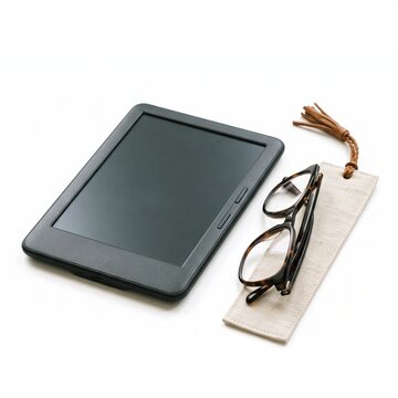 E reader and reading glasses with bookmark on white background for study and learning