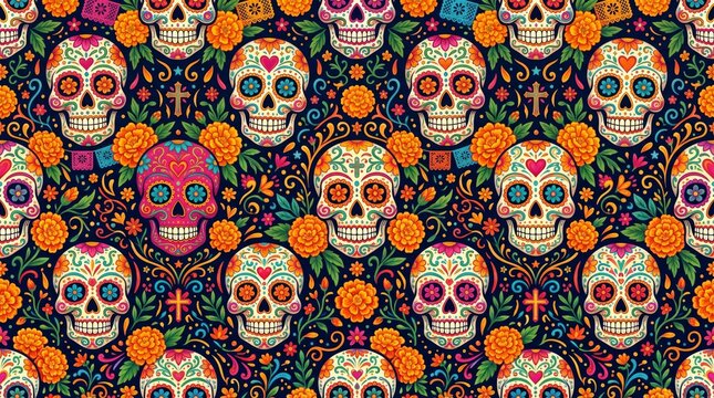 Colorful traditional mexico folk pattern with sugar skulls calavera talavera ornament decorative colorful traditional