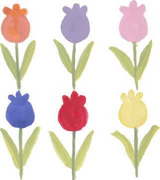 Tulip Flower Elements Set Hand Drawn Watercolor