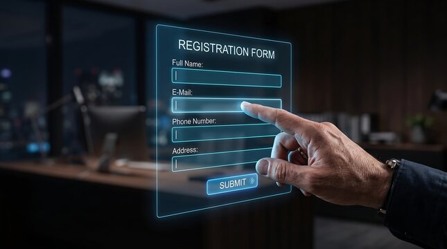 Registration form digital hologram hand touching interface touchscreen online