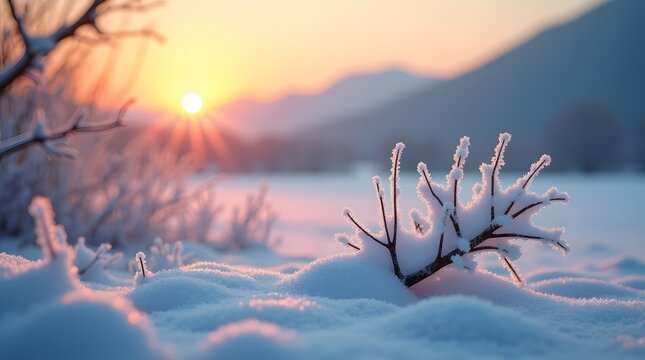 Serene first day of winter landscape frosty branches and golden sunset over snowy fields