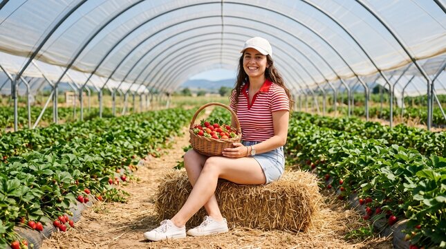Commercial eye-level lifestyle photography of a smiling young woman harvesting fresh red strawberries inside an agricultural greenhouse tunnel, holding a wicker basket &ndash; premium organic farming brandi