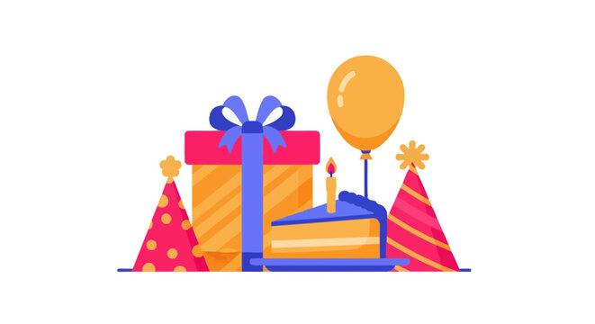 Colorful birthday gift and cake.