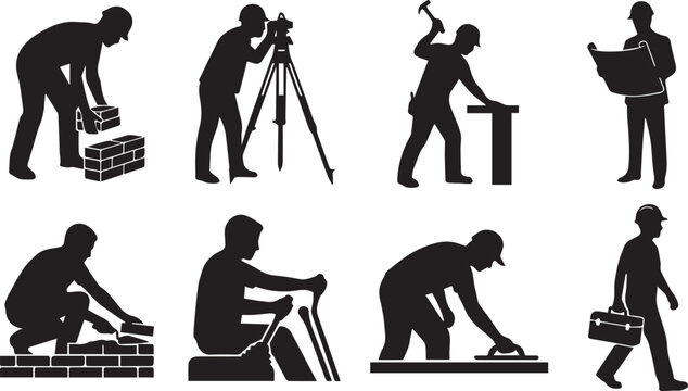 Black silhouette of construction workers, including bricklayers, a land surveyor, a carpenter, an architect, and a laborer with a toolbox