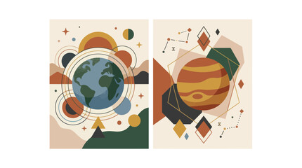 Abstract Mid-Century Modern Space Art: Earth and Jupiter Planets with Geometric Shapes © fery_art