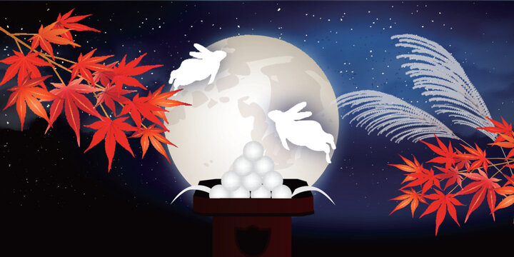 Japanese Moon Viewing Festival With Rabbits and Maple Leaves