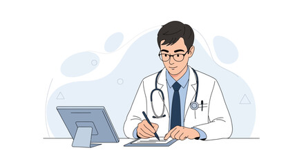 Fototapeta premium Young Asian Doctor in Lab Coat Writing on Clipboard Next to Computer Tablet, Modern Medical Illustration