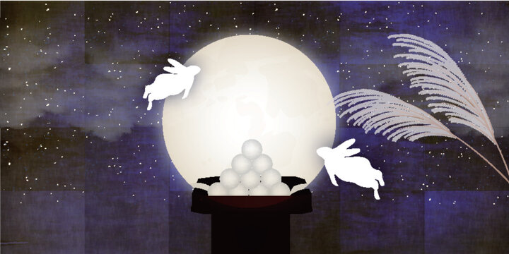 Full moon and rabbits celebrating traditional Japanese harvest festival