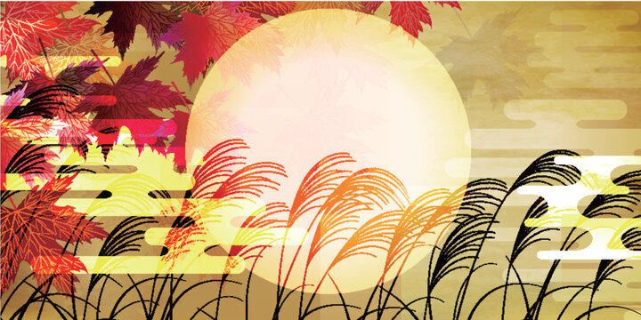 Full Moon with Autumn Leaves and Pampas Grass Background