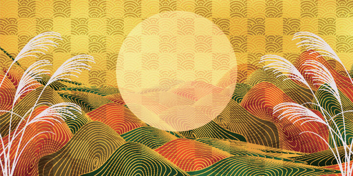 Traditional Japanese Autumn Landscape with Silver Grass and Golden Mountains