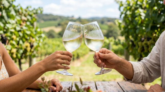 Couple toasting with white wine in a vineyard during a sunny day
