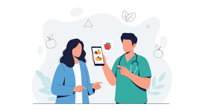 Doctor consults patient on healthy diet using smartphone app showing fruits and vegetables, illustrating nutrition and wellness