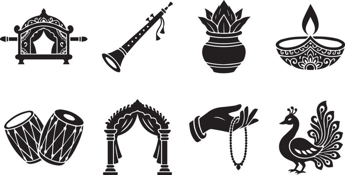 Set of black and white indian wedding featuring palki, shehnai, kalash, diya, dholak, mandap, hand with mala, and peacock silhouette