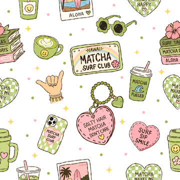 Kawaii Matcha Surf Club Seamless Pattern with Hand Drawn Tropical Doodles