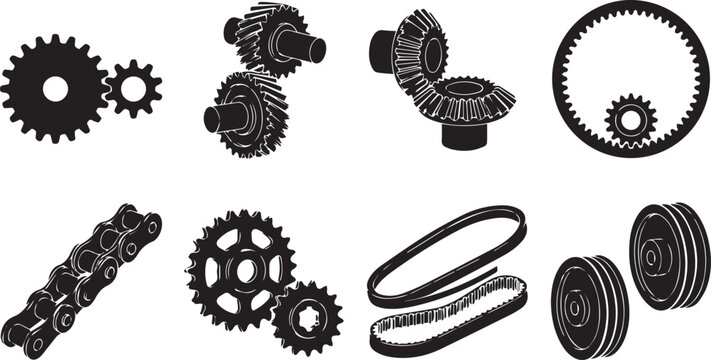 Set of black and white mechanical gear including spur gears, bevel gears, planetary gears, roller chains, sprockets, and timing belts