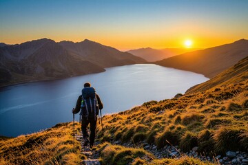 Fototapeta premium Man with backpack hikes on mountain trail at golden sunset. Tourist walks along slope with trekking poles over blue lake view. Active person explores nature wilderness during autumn evening trip.