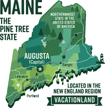 Map of Maine Highlighting Major Cities and Regions.