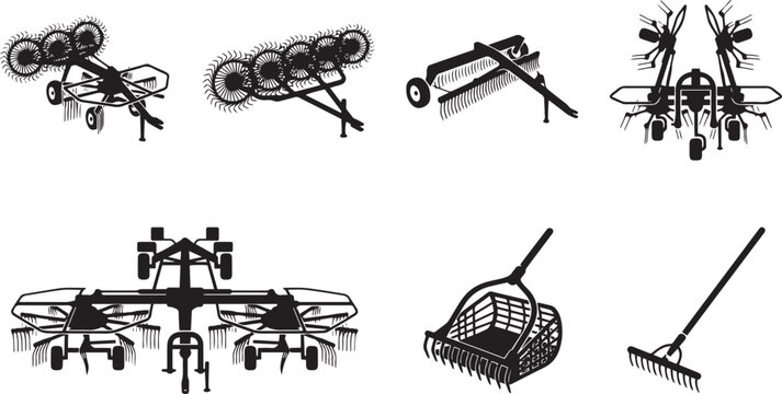 Set of black silhouette depicting various agricultural hay raking, tedding, and manual farming rake machinery and equipment