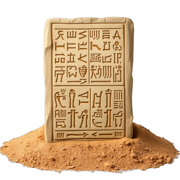 Ancient Egyptian stone tablet with hieroglyphs in sand