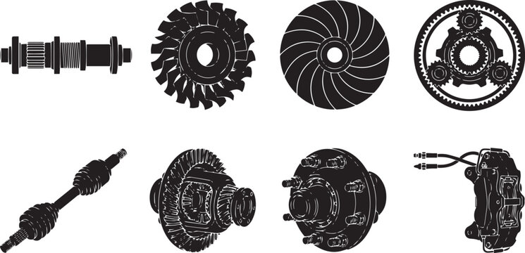 Set of black silhouette featuring industrial mechanical components, including rotor shafts, planetary gears, axles, and brake calipers