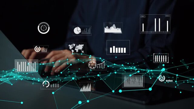 A businessman engages in data analysis using a tablet, surrounded by digital graphs and charts in a modern workspace, illustrating contemporary technology and analytics. Xenic