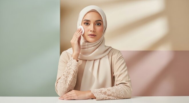 Young woman in hijab using cotton pad for skincare routine