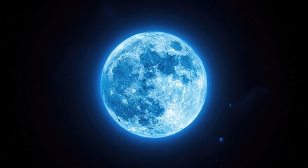Fototapeta premium A radiant blue moon glows intensely against the dark velvet of a clear night sky, casting a soft cerulean light across the cosmic expanse, full moon, heavenly, science