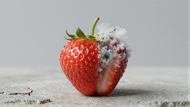 A strawberry half-eaten, moldy interior contrasting with its vibrant red exterior.