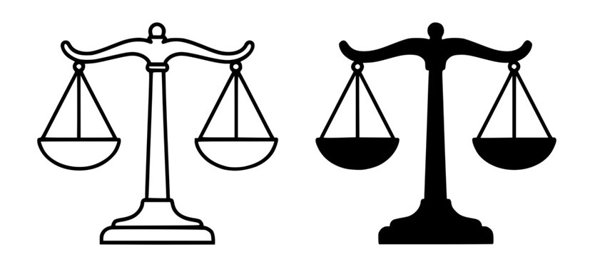 Minimalist icon of scales of justice in outline and silhouette design