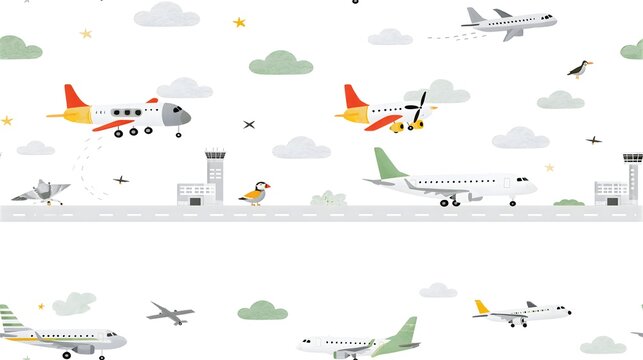 Cute cartoon aircraft and airport terminal seamless pattern for kids bedroom wallpaper with airplane aircraft seamless wallpaper aviation transportation childish background illustration