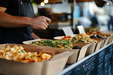 Obraz premium Street Food showcases variety of delicious meal served in eco-friendly packaging at outdoor market.