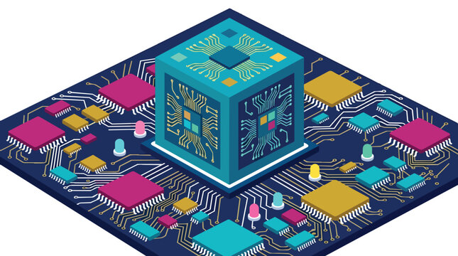 Isometric processor cube with motherboard circuit traces flat vector for high-performance computing hardware branding