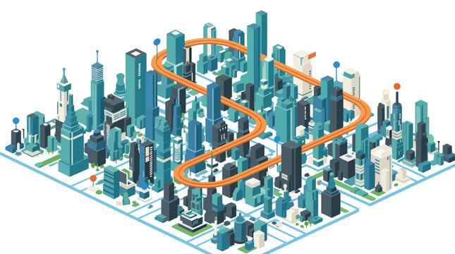 Smart city isometric urban landscape with winding monorail track and office skyscrapers vector for future infrastructure development