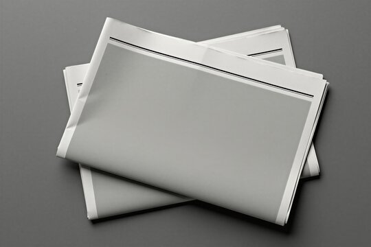 Top view of blank newspaper mockup on grey background. Clean editorial pages with empty space for headline text design. Realistic tabloid print layout template for graphic advertising branding. Pro