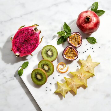 Assortment of vibrant tropical fruits including dragon fruit kiwi passion fruit and star fruit arranged on a white marble surface