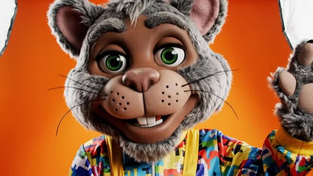 Cheerful rodent mascot character with a friendly expression waves and smiles against vibrant orange background