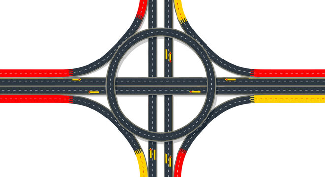 Colorful aerial highway cloverleaf interchange illustration.