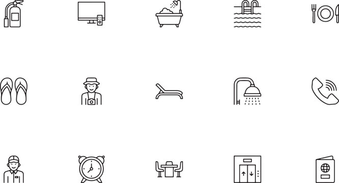 Hotel Amenities icon set highlighting luxury hotel resort amenities featuring relaxing bathtubs swimming pools lounge chairs morning alarms and warm showers outline vector
