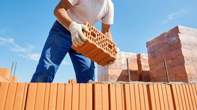 Construction Worker Building Brick Wall on Sunny Day with Stacks of Bricks and Blue Sky