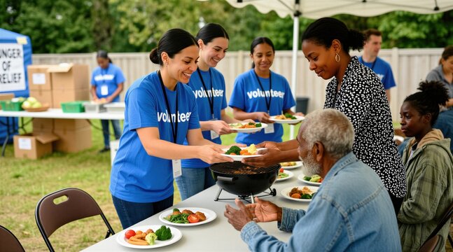 Smiling volunteers serve hot meals to elderly man and young woman. Charity workers offer food plates at outdoor event. People eat dinner together under tent.