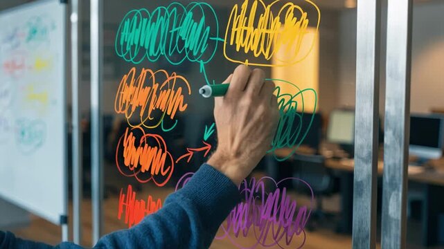 Medium shot of a hand drawing a highdeductible health plan and HSA connection on a whiteboard with blurred background emphasizing key financial terms and savings strategy.