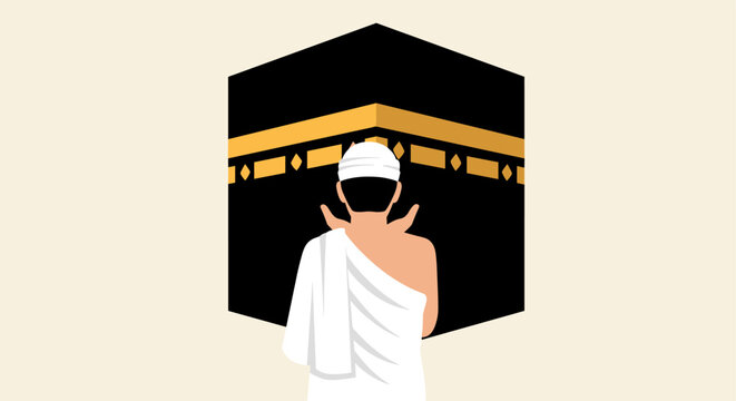 Male pilgrim praying with raised hands in front of the Kaaba in Mecca.