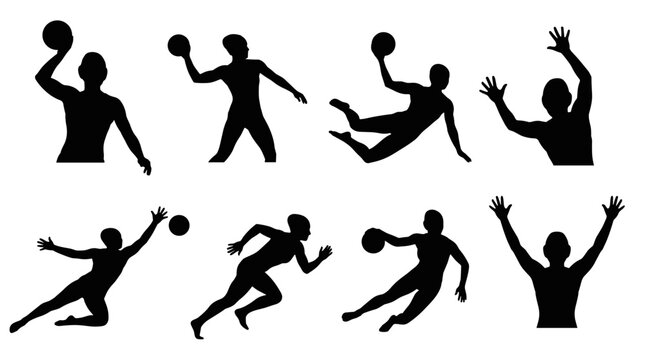 Set of black handball player silhouettes in various action poses, dynamic movements, and sport illustrations, graphic design elements for game