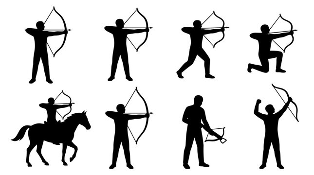 Set of eight black silhouette icons representing archery and hunting, showing archers aiming bows, one on horseback, and a hunter with a crossbow