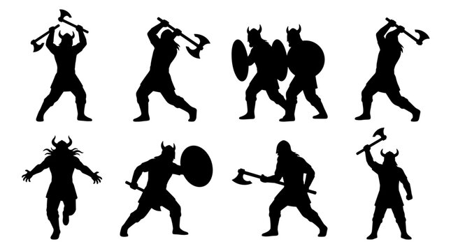 Silhouetted viking warriors in various action poses, wielding axes and shields, isolated on a white background, evoking a sense of ancient combat and
