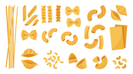Fototapeta premium Collection of various pasta shapes, including spaghetti, penne, farfalle, macaroni, and shells, ideal for food concepts and